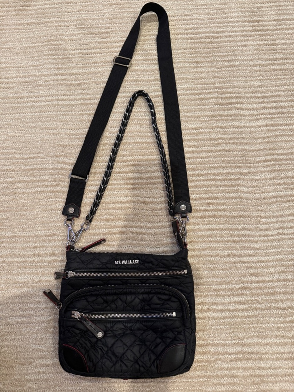 MZ Wallace Black Quilted Nylon Crossbody with Chain and Fabric Strap